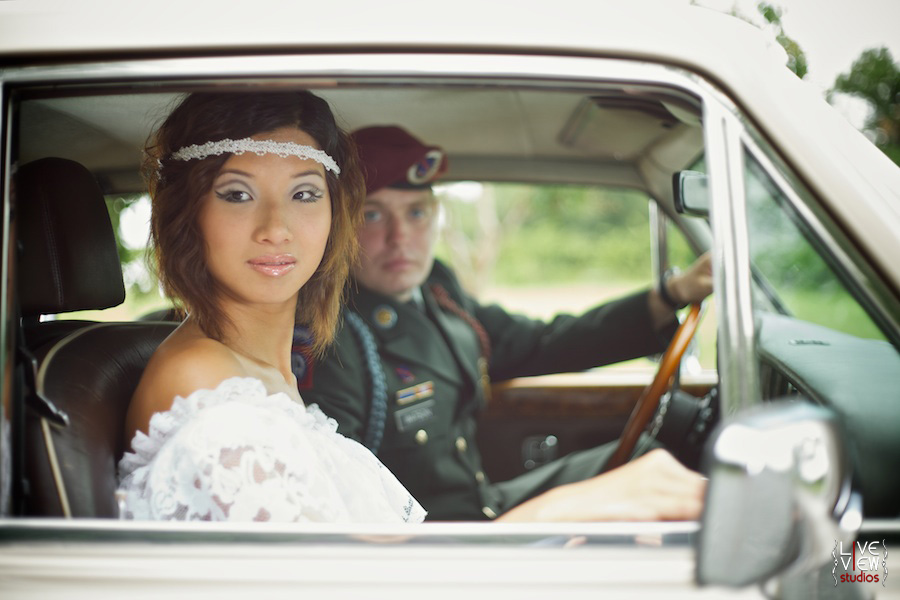  wedding dress and headband and Brandon wore his ClassA army uniform