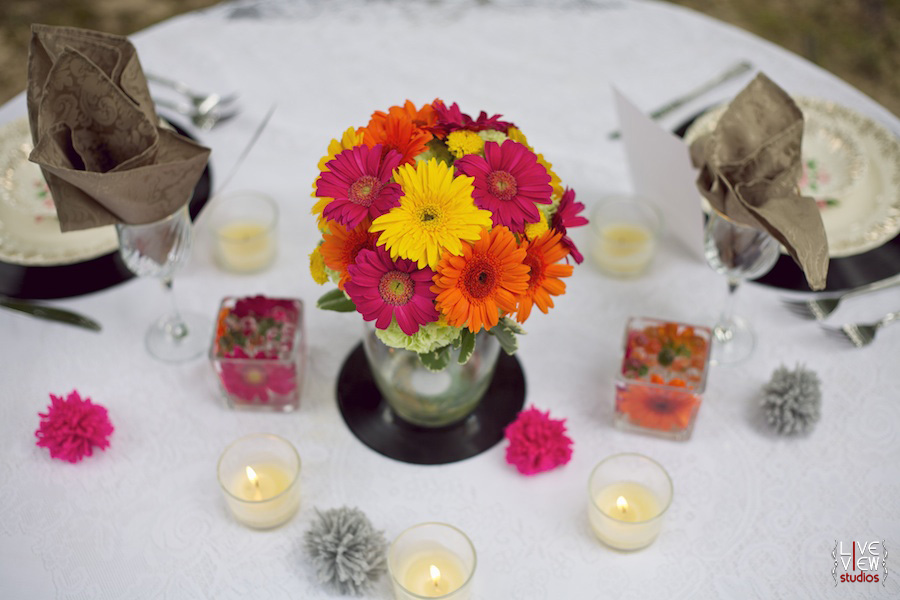 in magenta and gray provided decoration for our tables along with some 45s