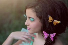 spring fashion photography for models, girl with butterflies in her hair