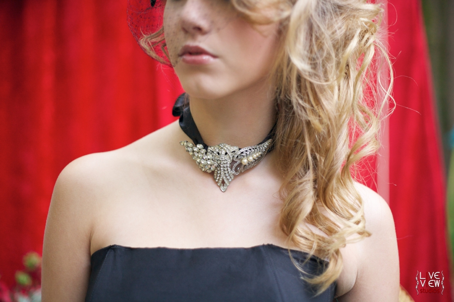 black ribbon and rhinestone statement necklace, custom vintage wedding jewelry