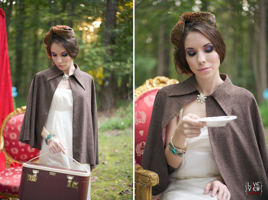 vintage inspired wedding photography, bride holds saucer at tea party in the woods