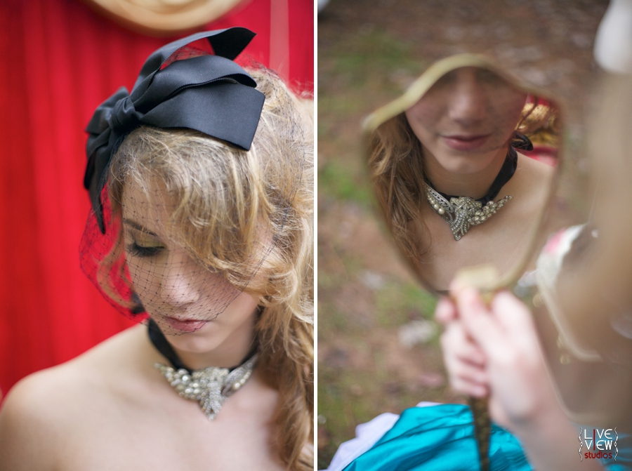 bride wears black ribbon and rhinestone statement necklace with black bow and russian-netting birdcage veil, circus themed wedding photography