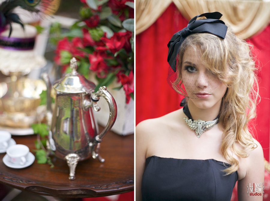 silver teapot and small tea cups on vintage table, bride wearing custom vintage wedding jewelry from oh so curio