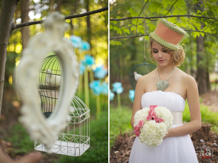 enchanting wedding decor ideas, bride wears green top hat with pink ribbon and russian netting