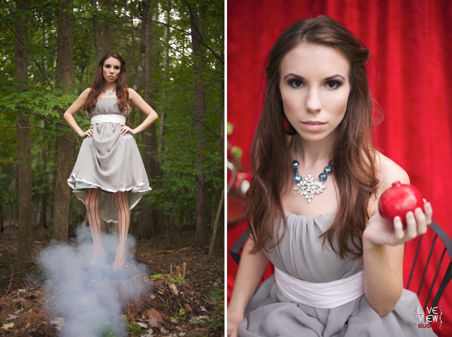 girl stands in magical forest, bride holds out red pomegranate, fairytale inspired wedding photography