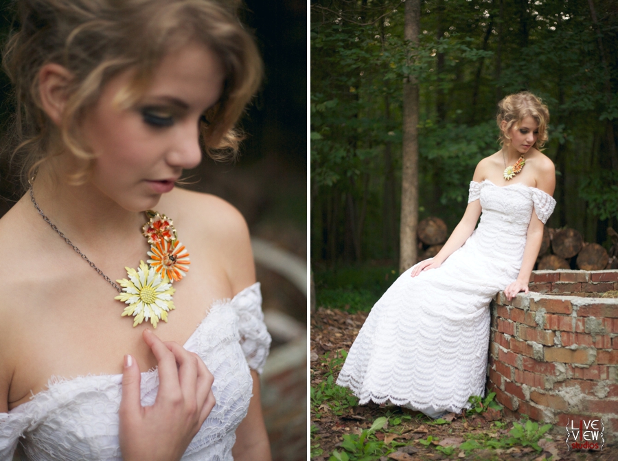 enamel floral statement necklace, white custom made scalloped lace wedding dress