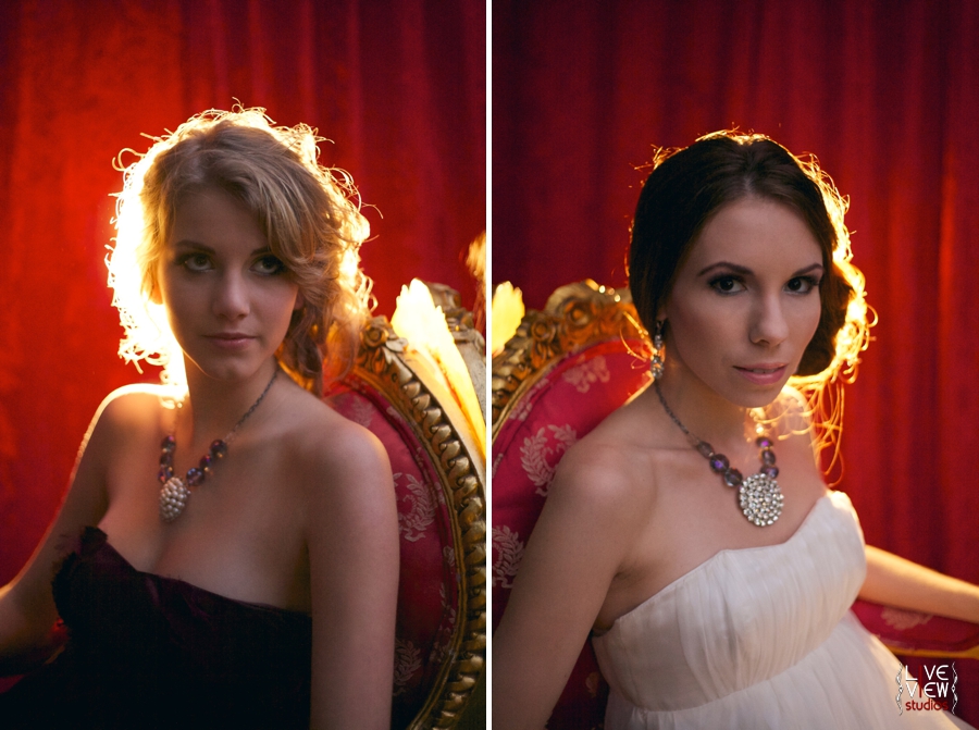 circus wedding portrait inspiration, bride and bridesmaid wearing custom vintage wedding jewelry