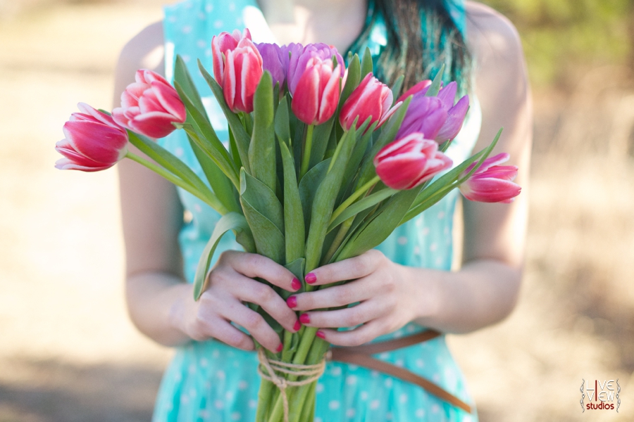 twine wrapped bouquet of pink and purple tulips, raleigh nc engagement photographers