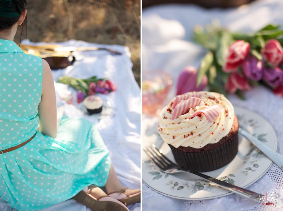 romantic valentine's day picnic, red velvet cupcake covered in creamy icing and peppermint curls