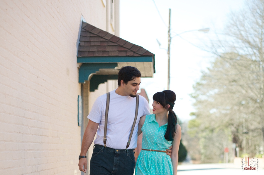 young lovers walk through town, retro inspired couple's photography 