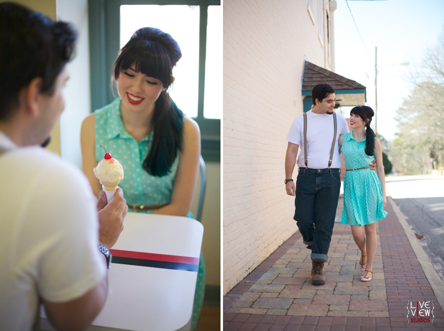 a young couple share an ice cream cone with a cherry on top, retro engagement photography
