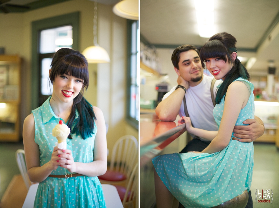 woman eating a cherry topped vanilla ice-cream cone at elliotts pharmacy in nc, a young couple sits on bar stools by the counter in a retro pharmacy