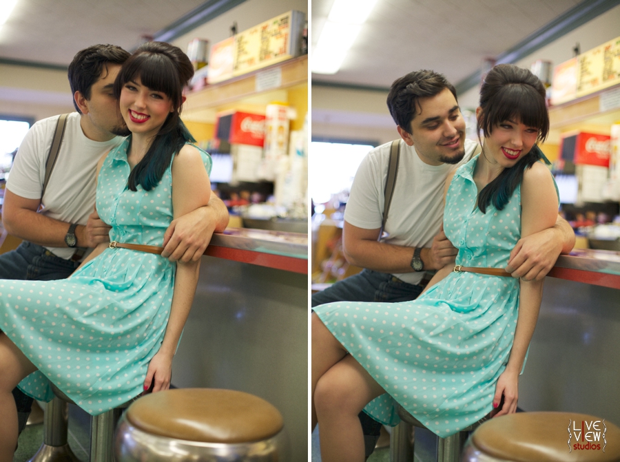 a young couple at a retro pharmacy on valentine's day, romantic vintage couple's photography