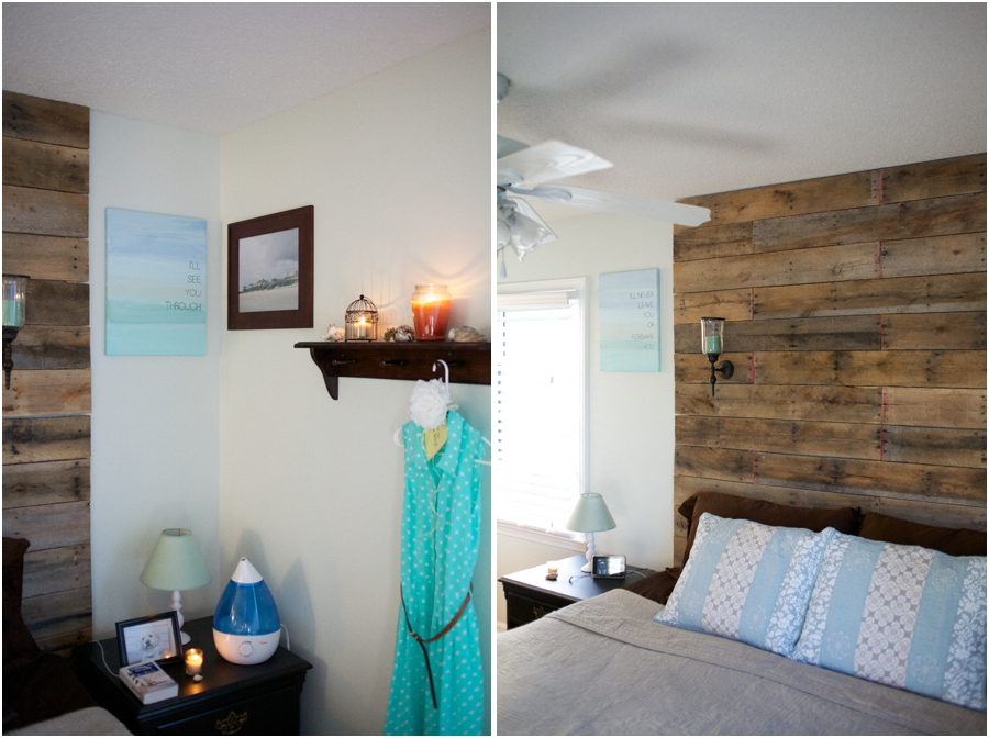 relaxing beach cottage inspired bedroom with dark wood accents and diy rustic wood pallet hardboard 
