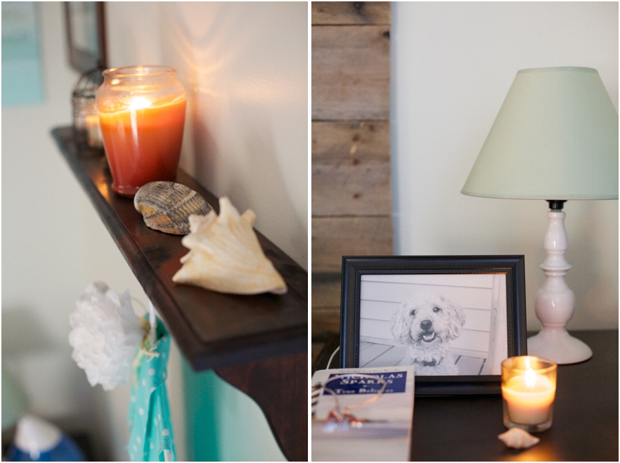 candles and seashells decorate small shelf in beach bedroom makeover, picture of pet poodle on dark wood bedside table, relaxing bedroom designs