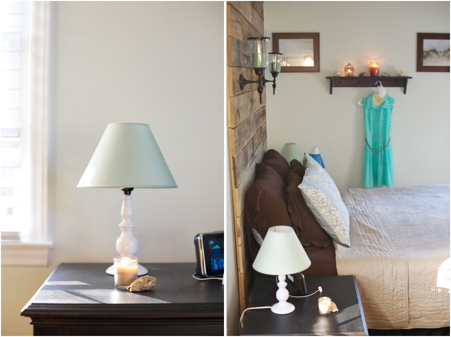 whitened sage wall color paired with dark wood furniture and accented with whites, light blues, and browns
