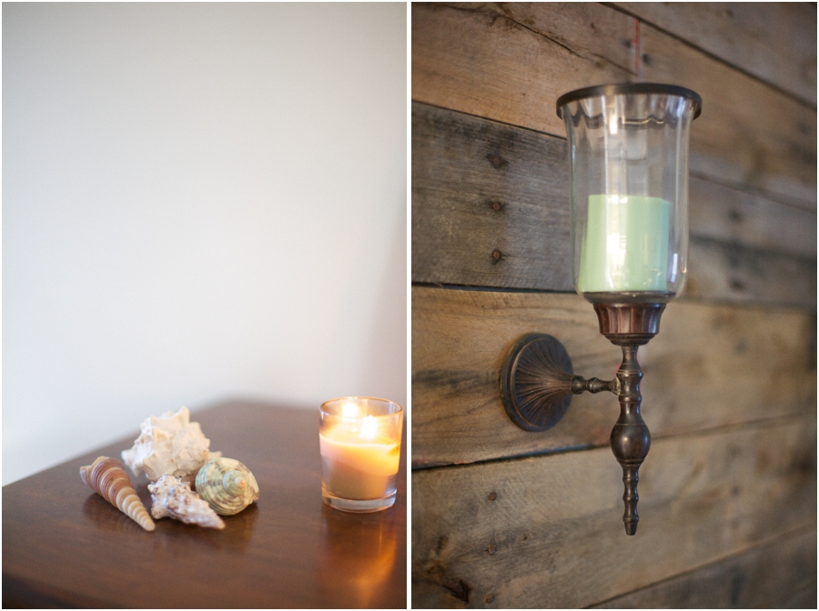 relaxing beach cottage inspired bedroom with dark wood accents, candle holder secured on diy pallet headboard   