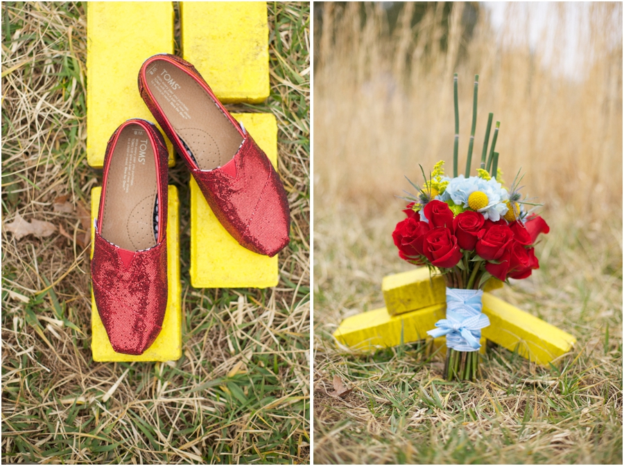 red sequined toms on yellow bricks, wizard of oz wedding ideas
