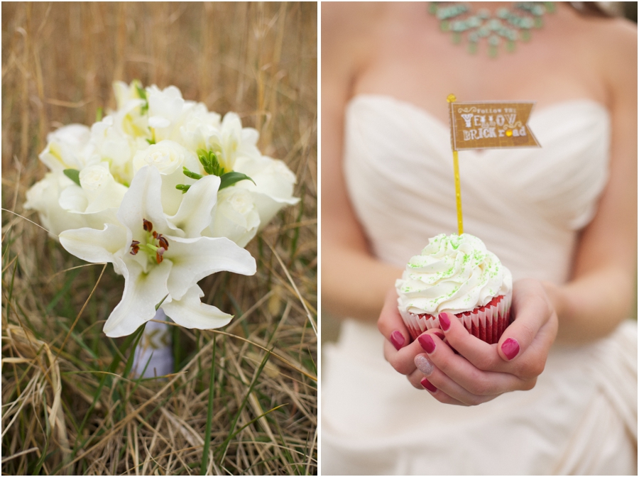 fresh cream bouquet from Viva L'Event in nc, wizard of oz wedding theme, red cupcakes with creamy frosting
