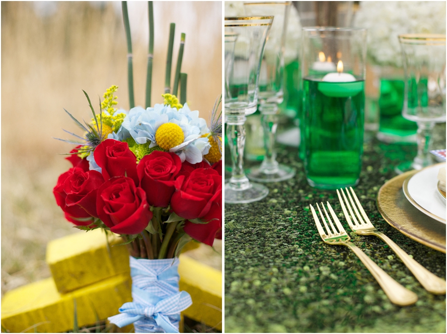 bright wedding colors, wizard of oz themed bridal bouquet, emerald reception table decor