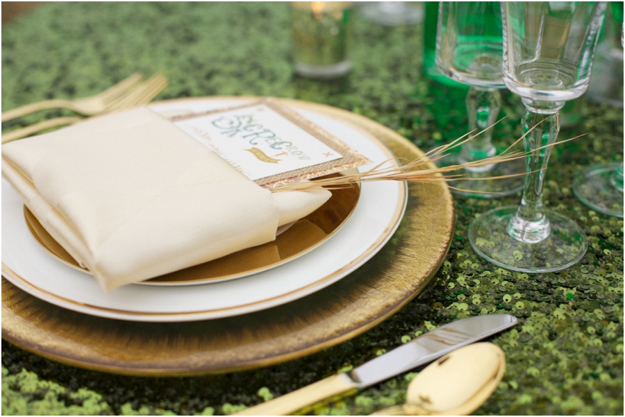 gold and emerald reception table setting, eclectic wedding photography
