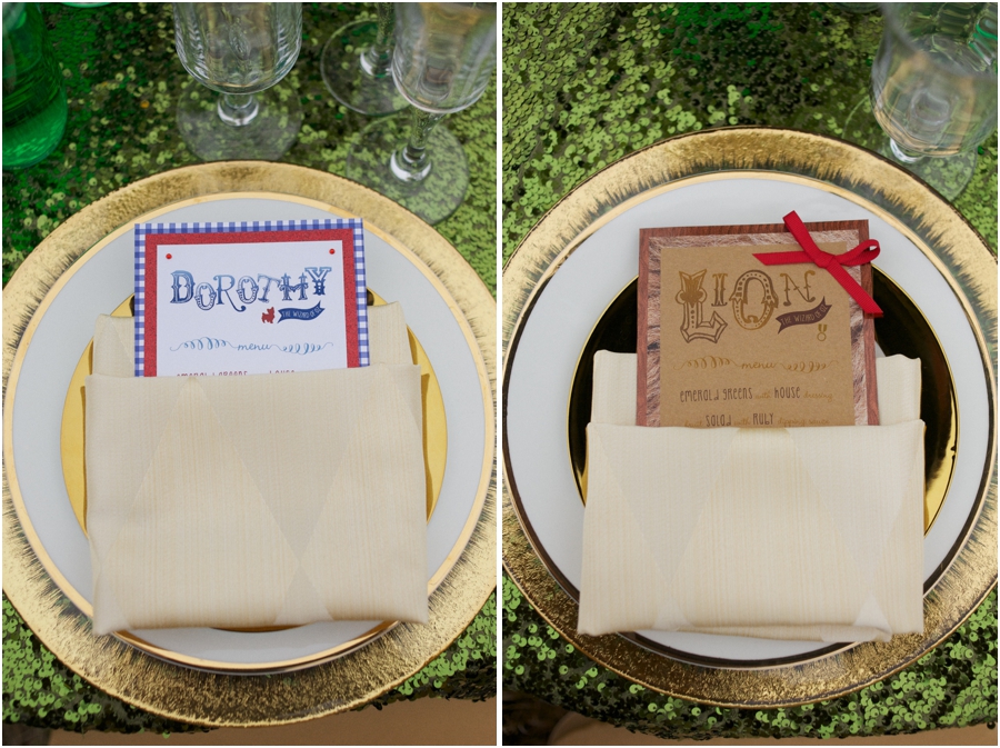 oz the great and powerful inspired wedding photography, emerald tablecloths and gold rimmed plates