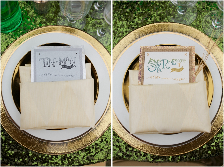 tin man and scare crow reception place settings, emerald city inspired wedding photography