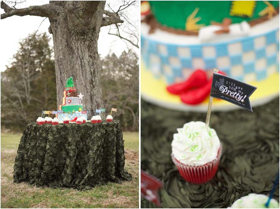 wizard of oz inspired wedding cake on textured emerald tablecloth, modern wedding reception ideas