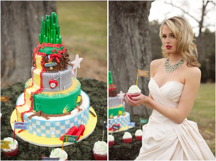 wizard of oz inspired wedding cake, red lipstick bride