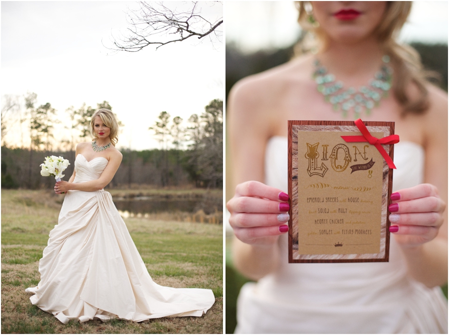 bride with red lipstick, oz-inspired reception menus