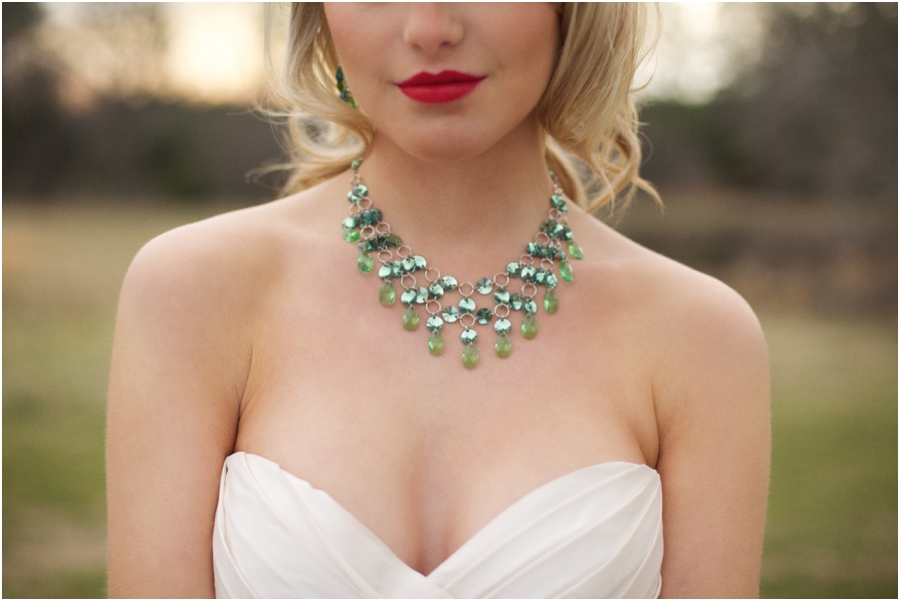 beautiful emerald statement necklace, bride with red lipstick