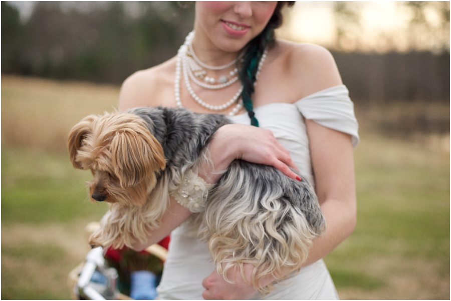 weddings with pets, bride holding her pet dog, rustic wedding photography, raleigh nc