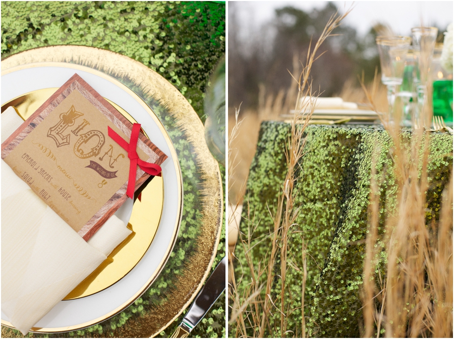 emerald city reception theme, emerald sequin table cloth and gold rimmed plates
