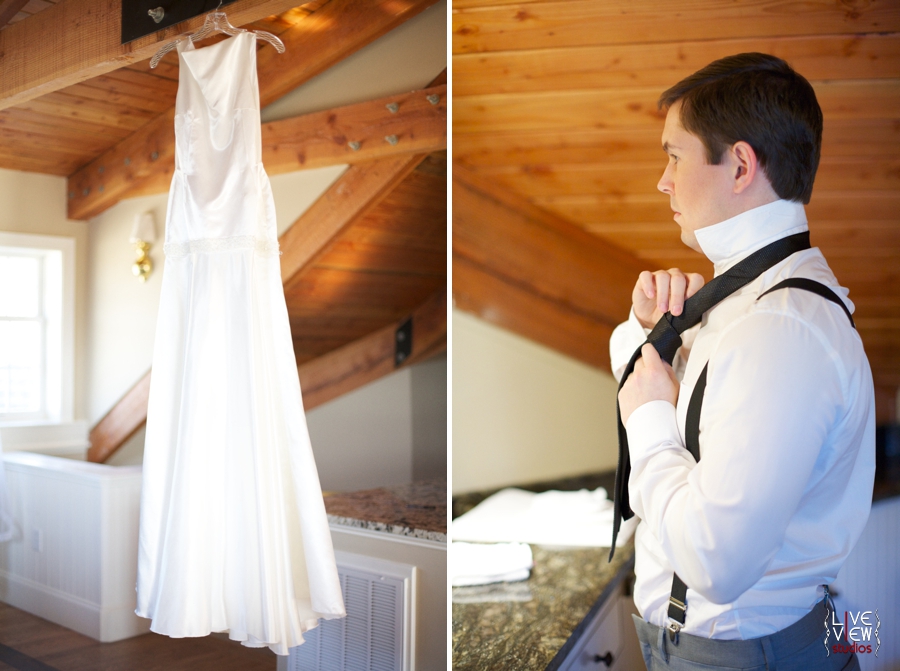 vintage inspired wedding gown from edie kay, groom fixing his tie, raleigh nc wedding photographers