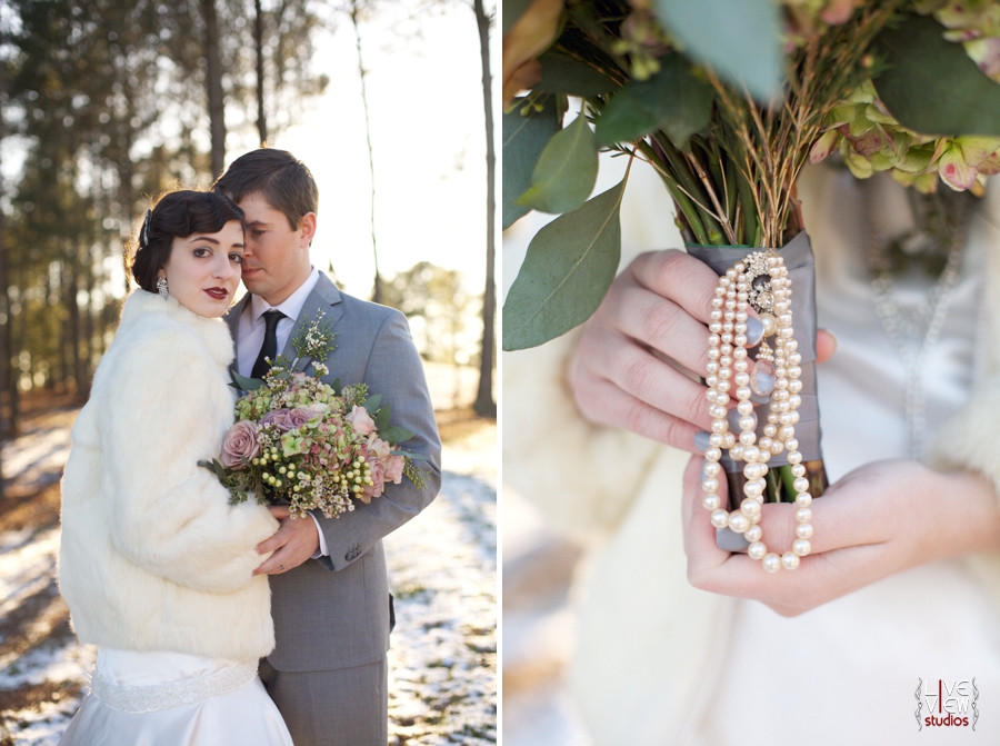 winter wedding photography, beautiful pearl bouquet handle 