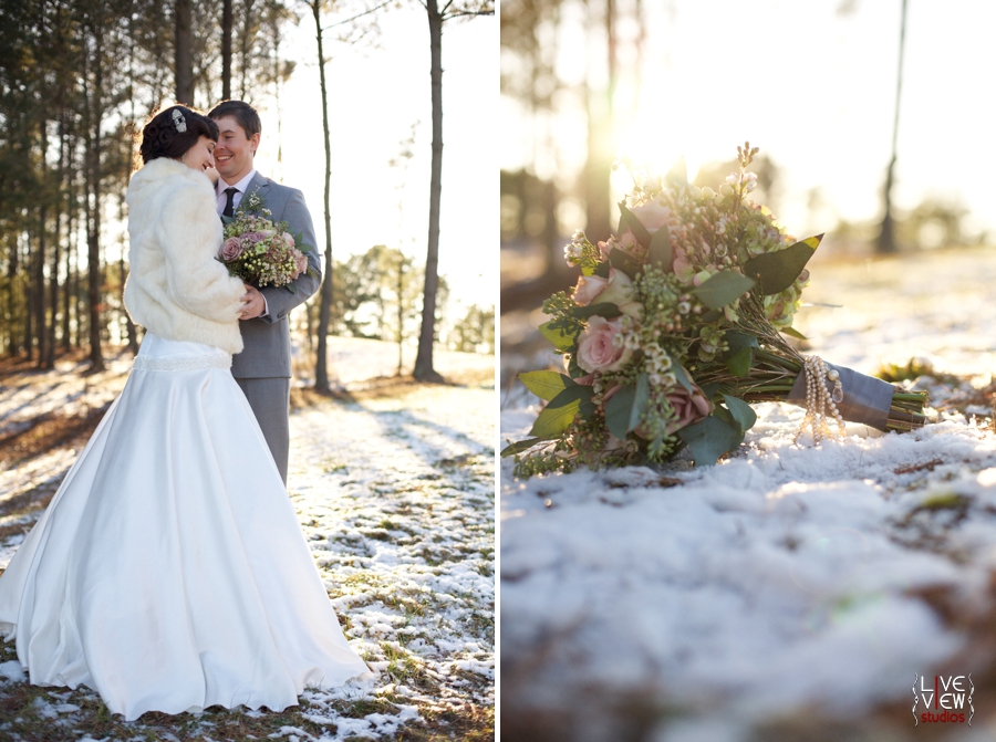 winter wedding photography, blush pink bridal bouquet with pearl accents 