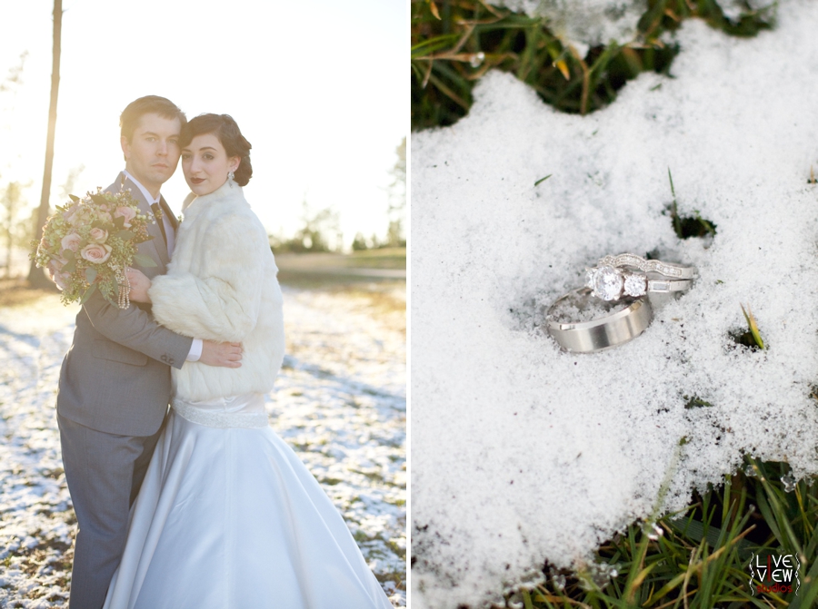 20's winter wedding inspiration, unique ring shots, wedding rings in the snow, raleigh nc wedding photographers