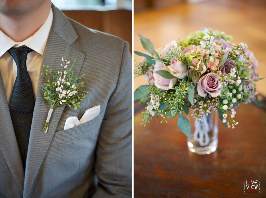 groom wearing winter themed organic boutonniere, fresh floral bridal bouquet 