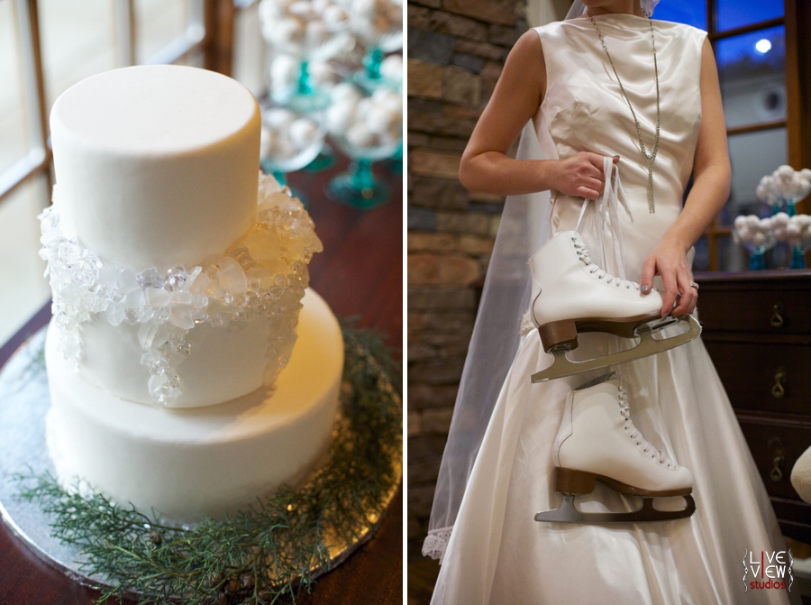 wintery wedding cake, bride holding ice skates, winter inspired wedding photography