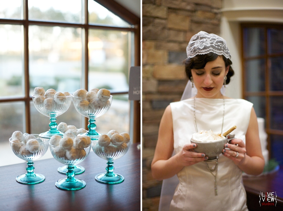 little pastries covered in powdered sugar, winter themed wedding reception ideas, bride holding a mug of hot cocoa