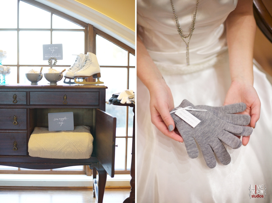 intimate winter wedding reception inspiration, bride holding out a pair of grey gloves