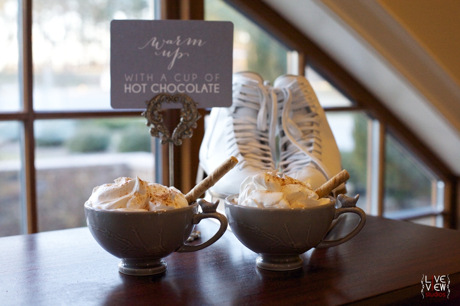 mugs of hot chocolate topped with whipped cream, intimate winter wedding reception inspiration