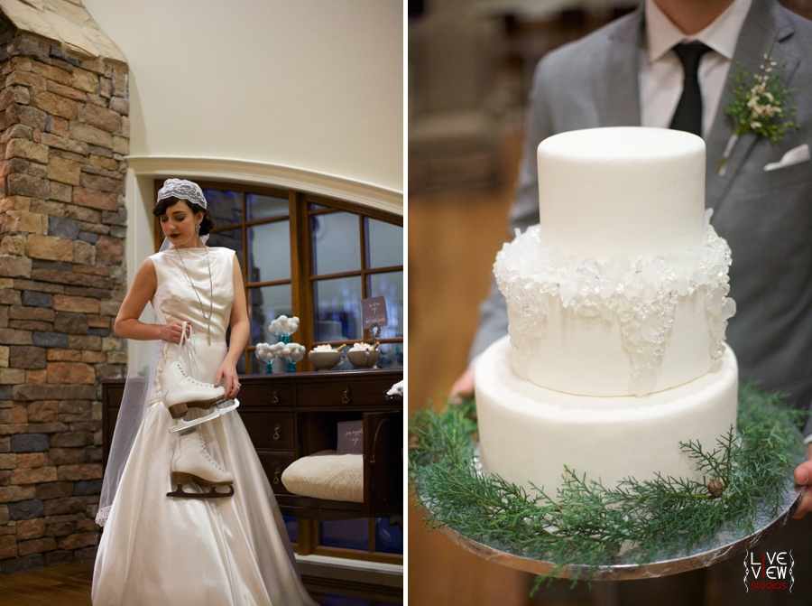 bride holing ice skates, groom carrying winter themed wedding cake