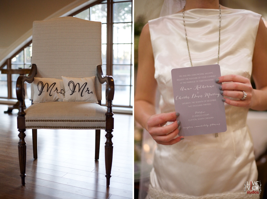 mrs. and mr. pillows made by Raindrops on Roses Boutique, bride holding wedding invitation 
