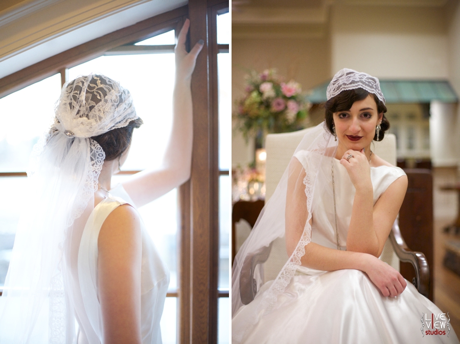 vintage cap veil from Petals by KC, bridal hair and make up by Karen Michelle Clark, 20's inspired winter wedding photography