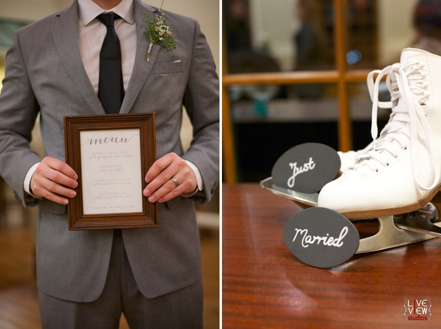 groom holding the reception menu, winter wedding photography