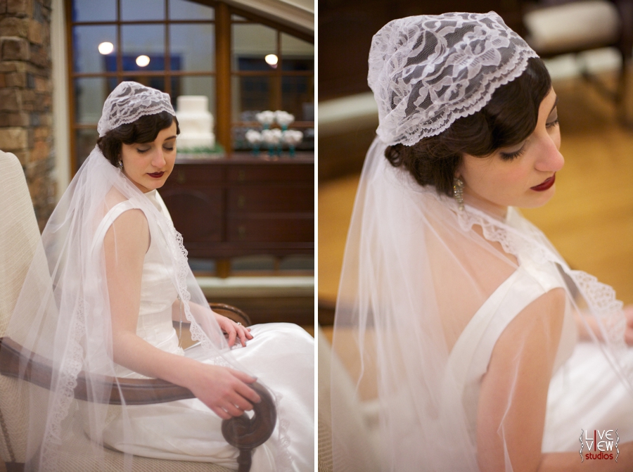 bride wearing vintage cap veil, hair and make up by Karen Michelle Clark