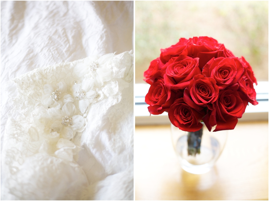 intricate flower details on lace wedding dress from carolina bridal, bridal bouquet with fresh red roses 