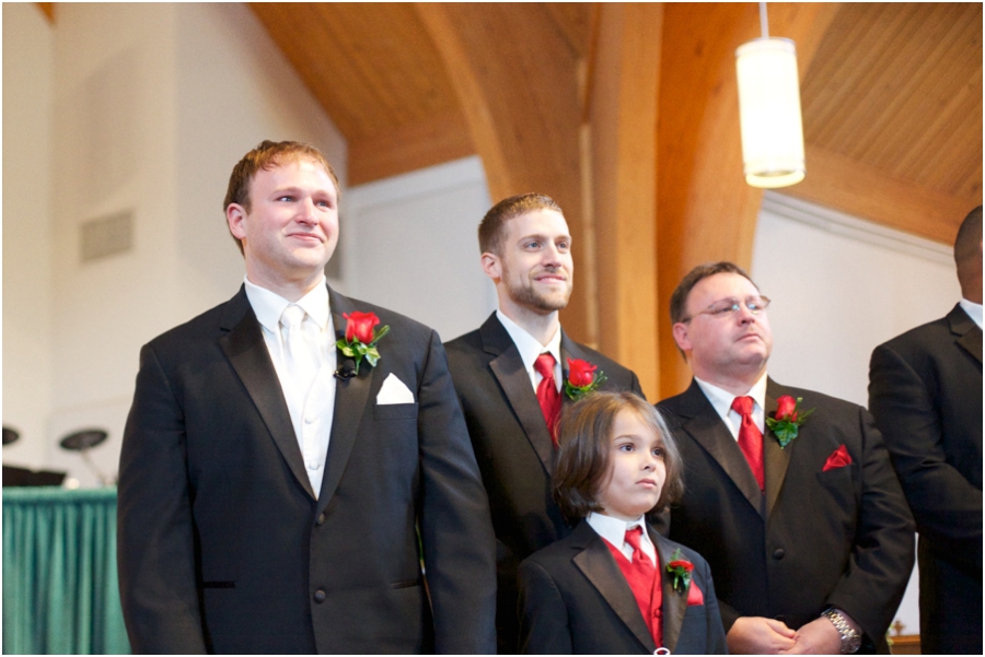 groom watching bride walk down the aisle, fuquay varina wedding photographers
