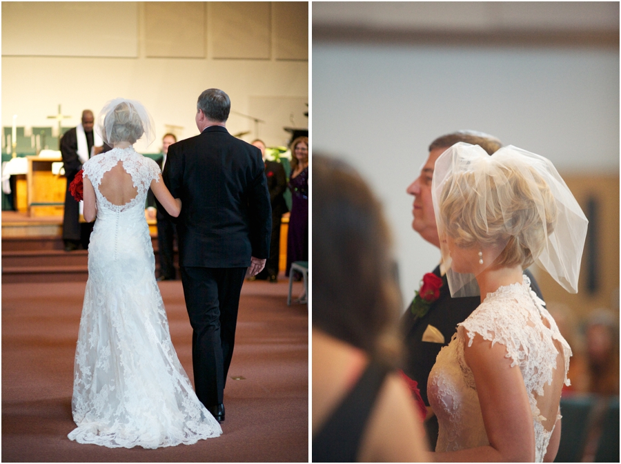bride walking up the aisle at fuquay varina methodist church, southern vintage wedding photography